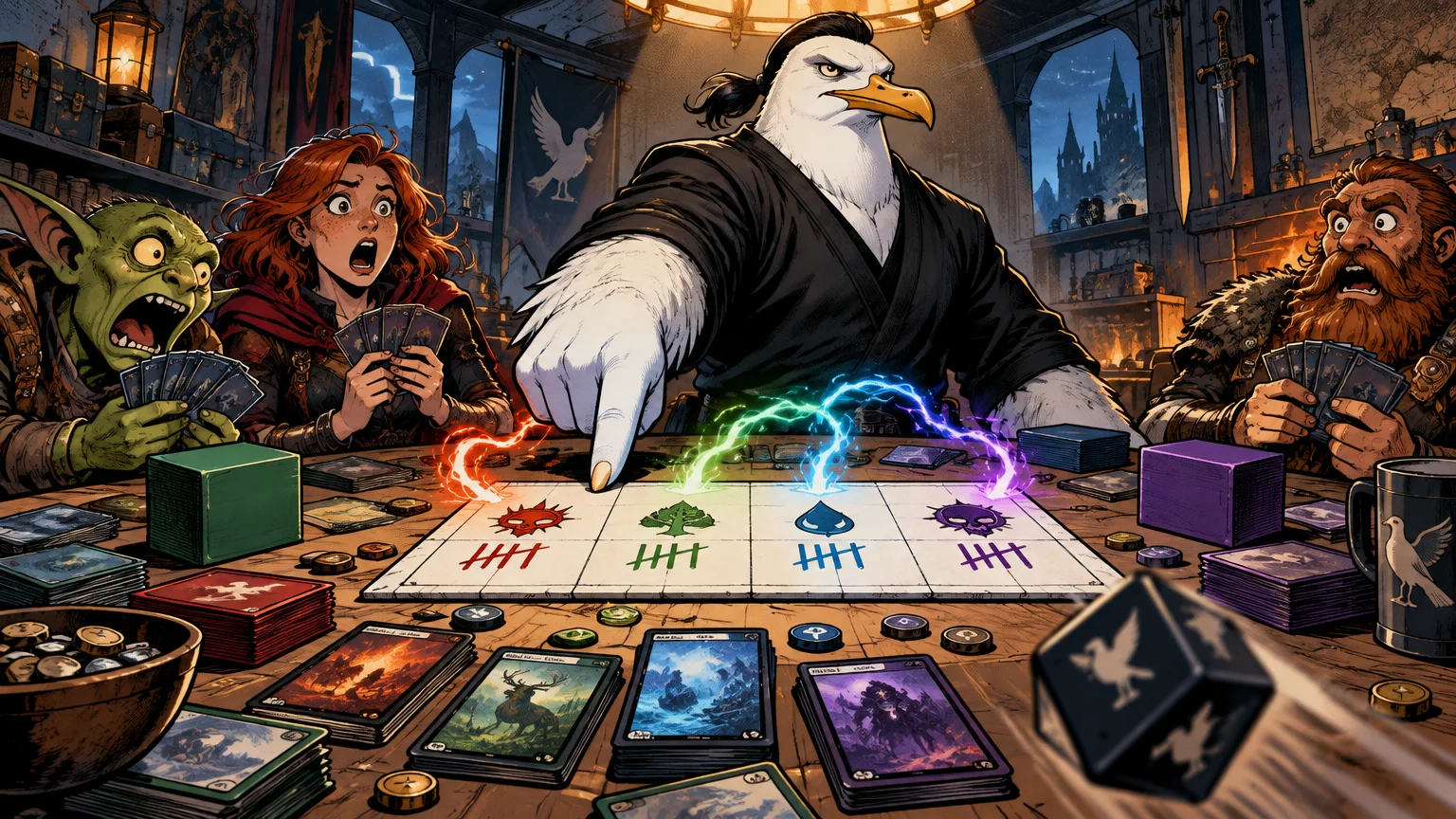 Comic-style scene of a stern white seagull in black martial-arts clothing pointing at a four-column damage tracker on a fantasy card-game table, while a goblin, red-haired woman, and bearded man react with alarm and colored magical energy arcs above the board.