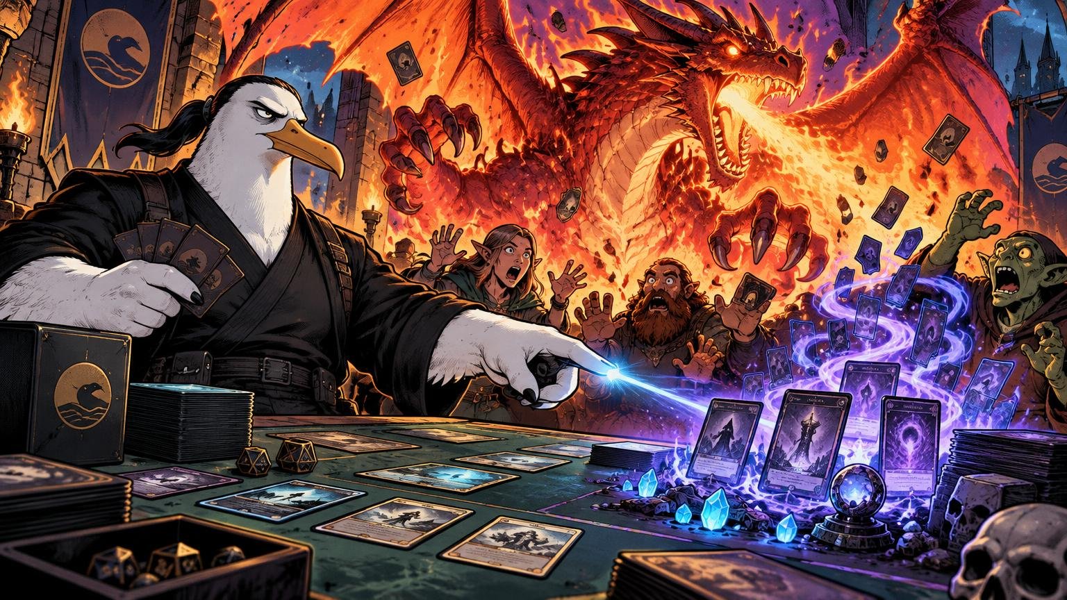 Comic-style scene of a stern anthropomorphic seagull in black tactical clothing pointing across a fantasy card-game table while a huge fire-breathing dragon looms behind frightened players and glowing purple cards swirl at the right.