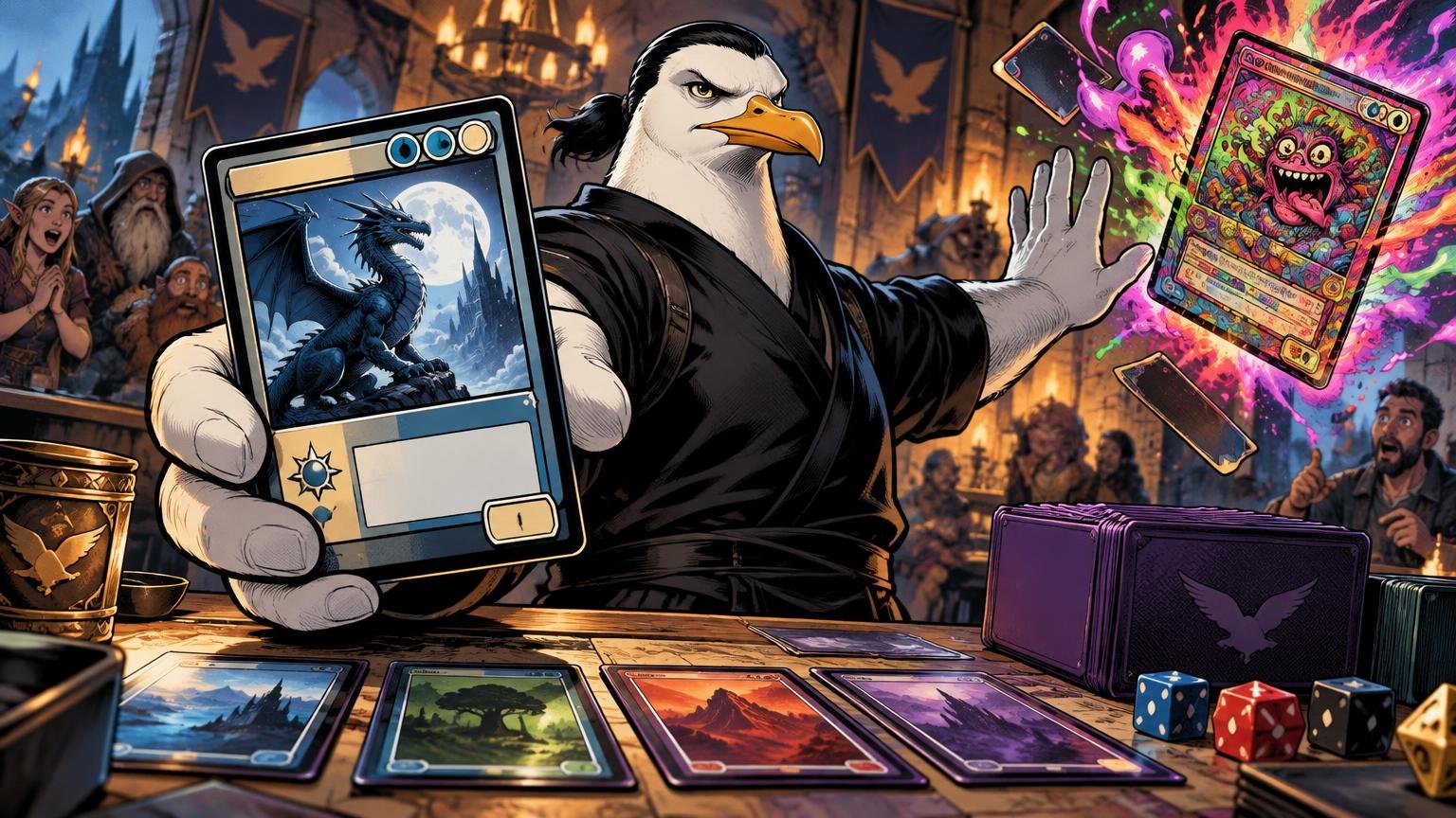 Comic-style illustration of a stern anthropomorphic seagull in black action clothing holding a large fantasy dragon card while a brightly colored monster card bursts with magic above a tabletop covered in cards, deck boxes, and dice.