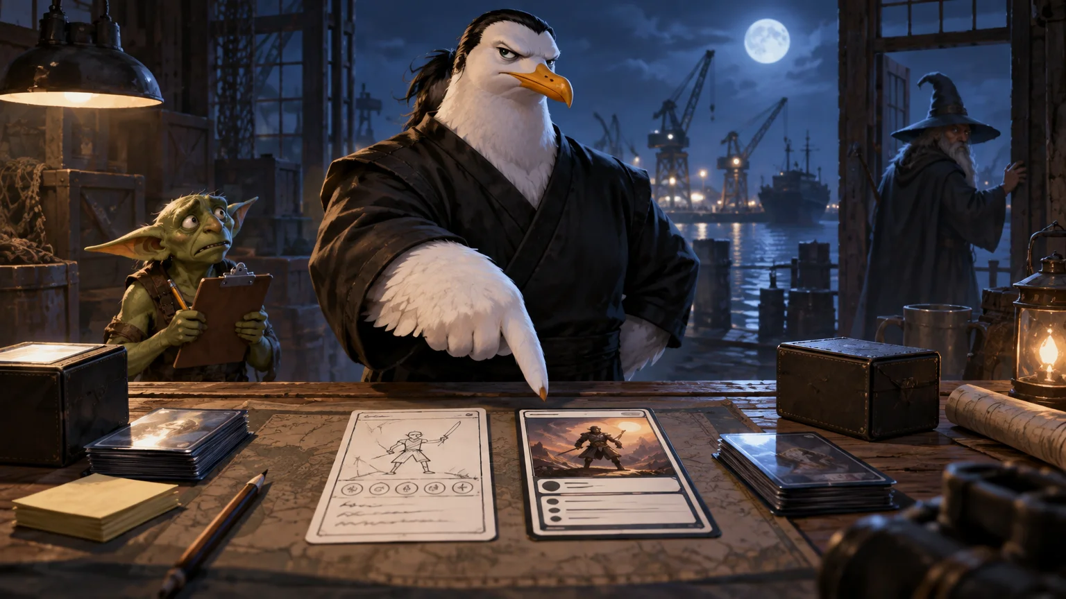 Moonlit fantasy dock scene: a stern black-clad anthropomorphic seagull points at two oversized tabletop cards, while a nervous goblin holds a clipboard and a wizard stands near the water.