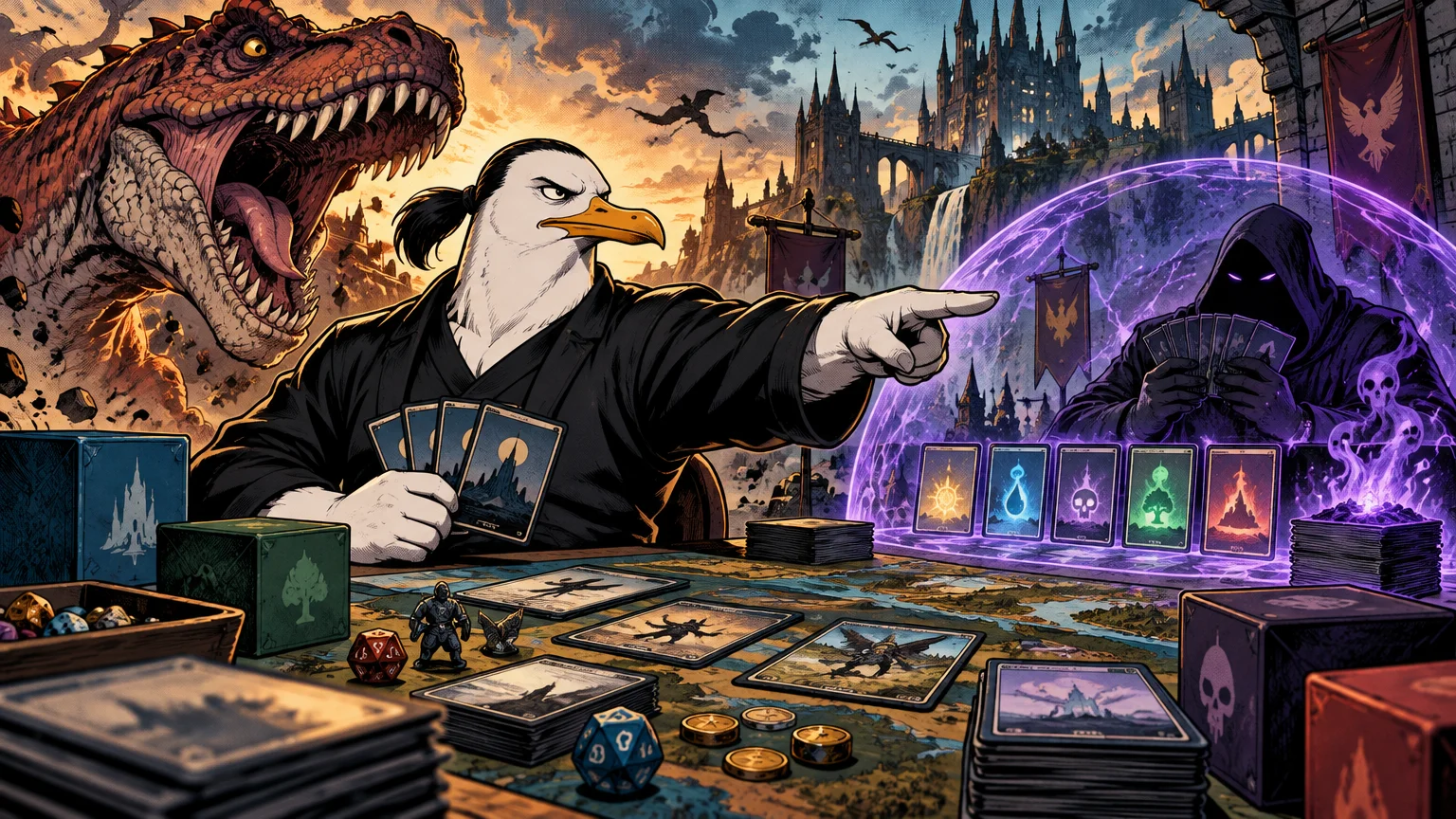 Comic-style scene of a stern anthropomorphic seagull in black martial-arts clothing pointing across a fantasy card-game table at a hooded purple-lit opponent, with a roaring dinosaur, castle, cards, dice, deck boxes, and magical effects around them.
