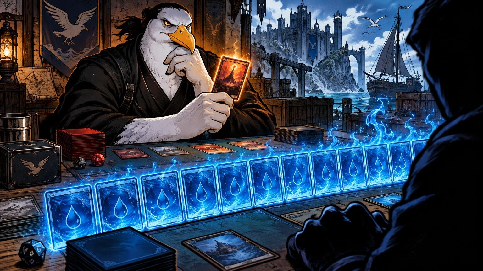 Comic-style illustration of a stern anthropomorphic seagull in black clothing studying a glowing fantasy card across a tabletop lined with blue water-symbol cards, with a harbor castle behind him.