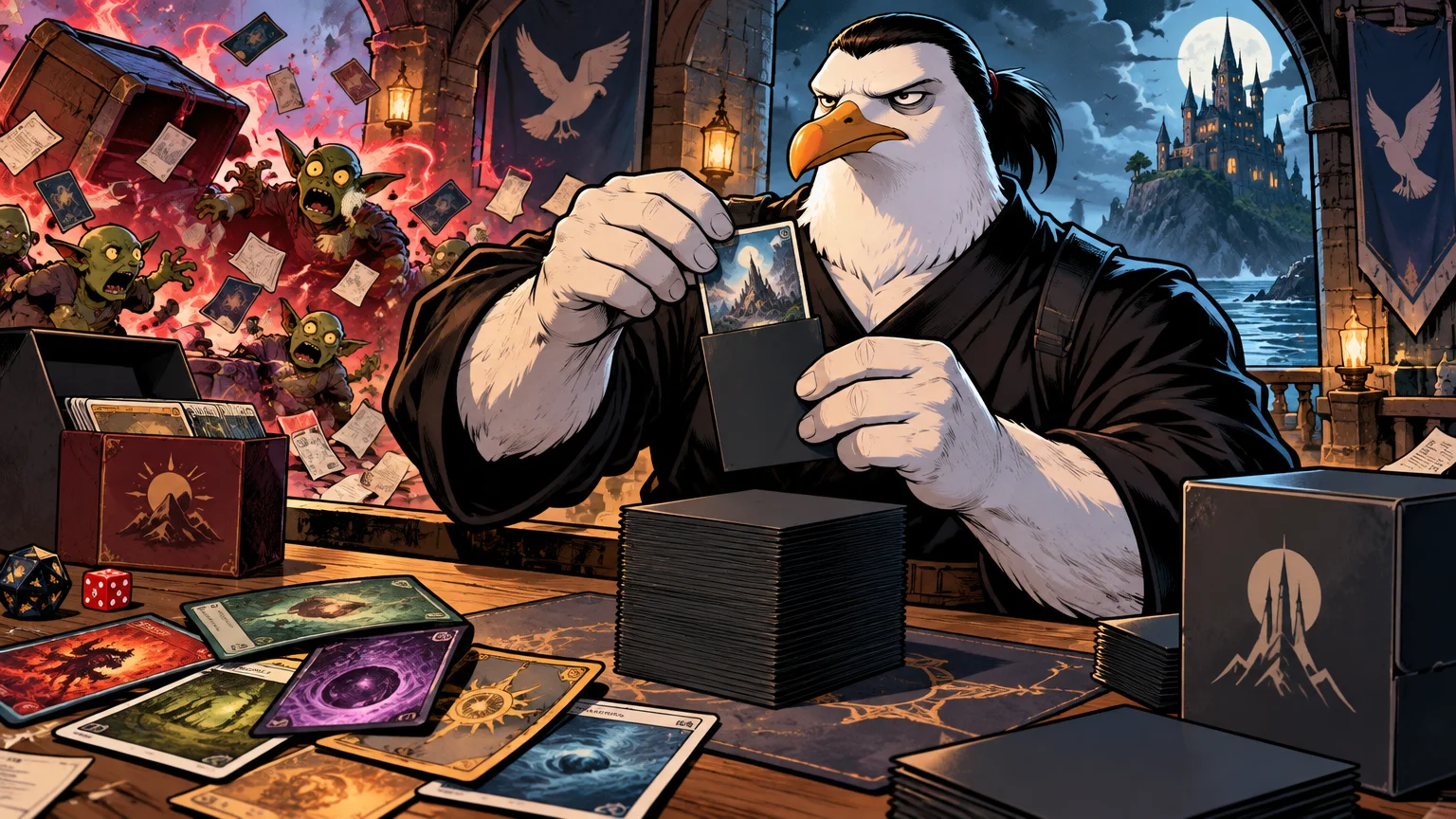 Comic-book illustration of a stern black-clad anthropomorphic seagull holding a fantasy card and black sleeve over a tabletop crowded with card stacks, deck boxes, dice, and loose cards, while goblins cause chaos behind him near a moonlit castle.