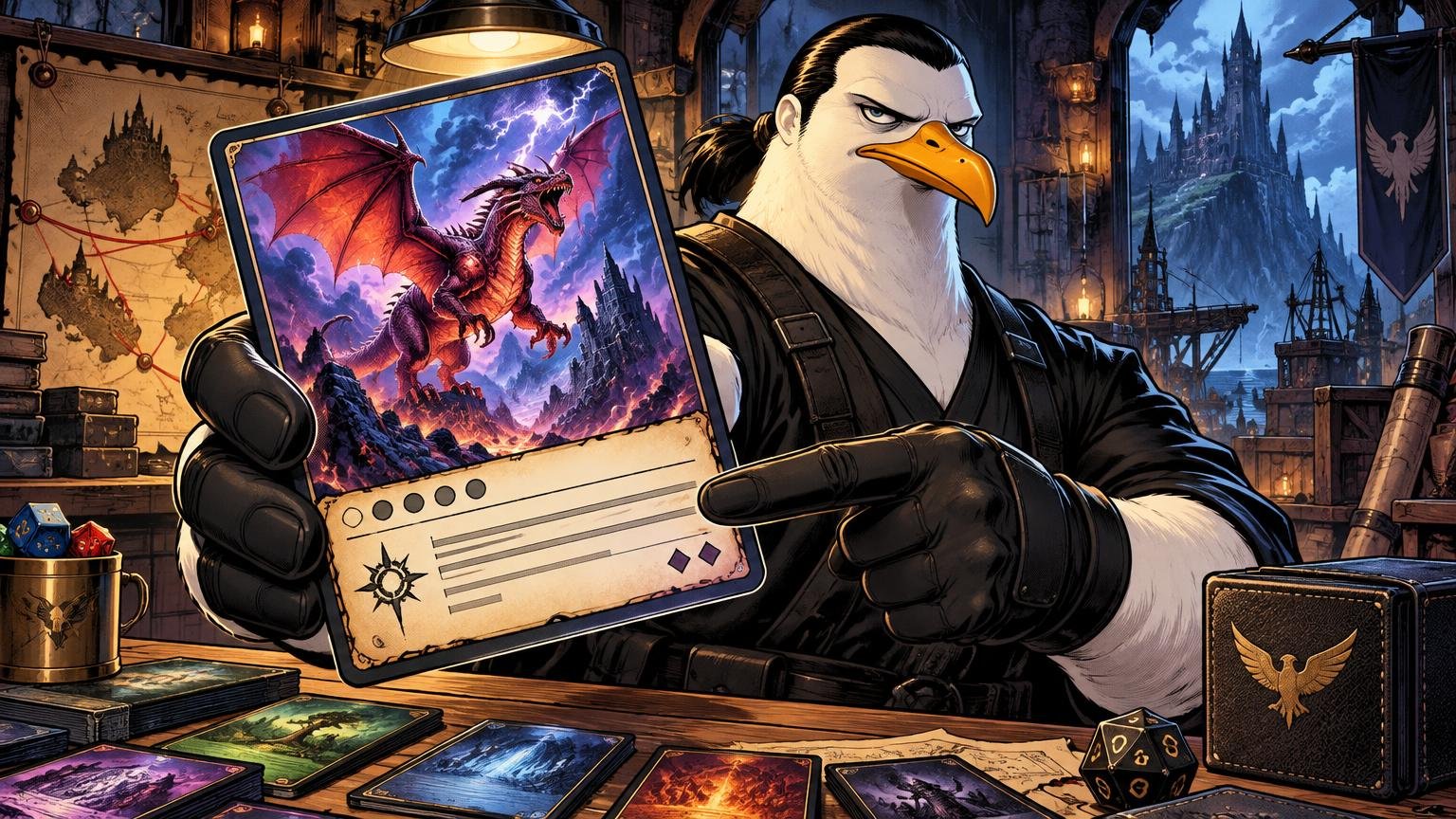 Comic-style anthropomorphic seagull in black tactical clothing holds up a dragon fantasy card and points to its mostly blank rules area at a tabletop covered with cards and dice.