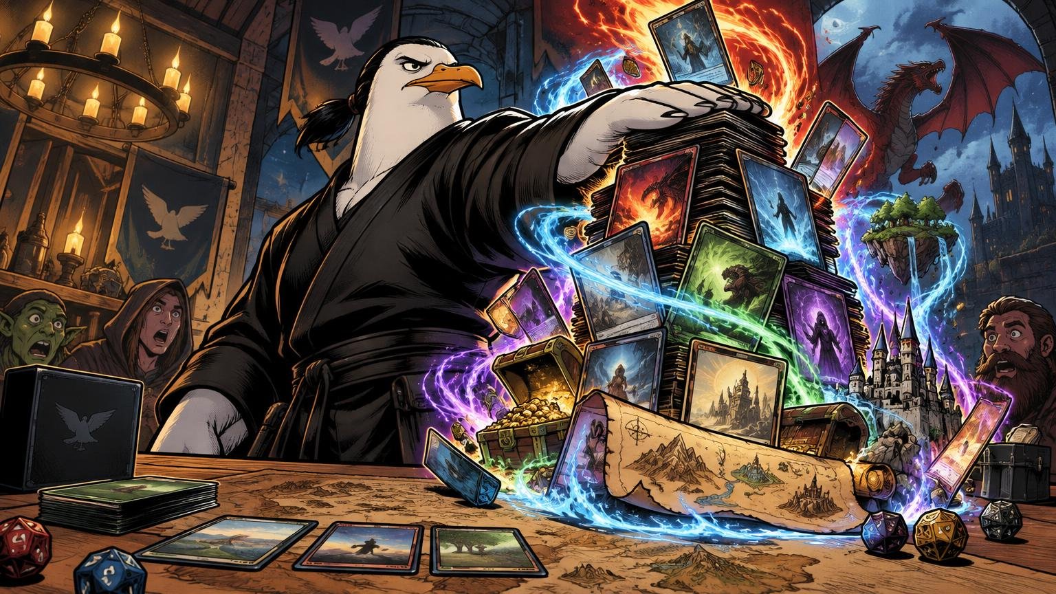 Comic-book illustration of a stern anthropomorphic seagull in black action clothing bracing a towering stack of glowing fantasy trading cards as dragons, a castle, dice, treasure, and magical energy swirl around a game table.