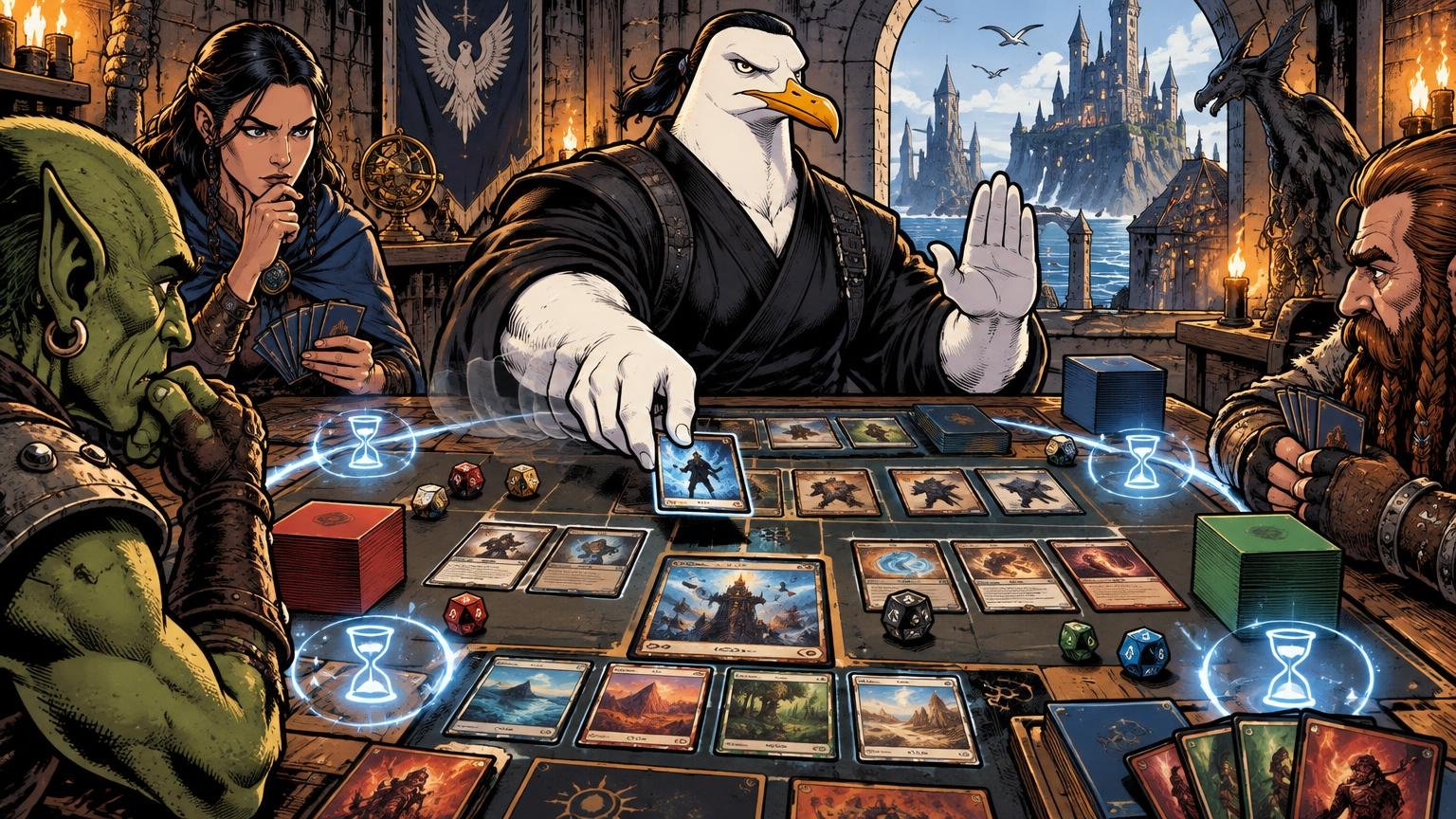 Comic-style illustration of a stern anthropomorphic seagull in black clothing pausing a fantasy card game, with glowing hourglass symbols over a table of cards, dice, deck boxes, and fantasy opponents in a castle room.