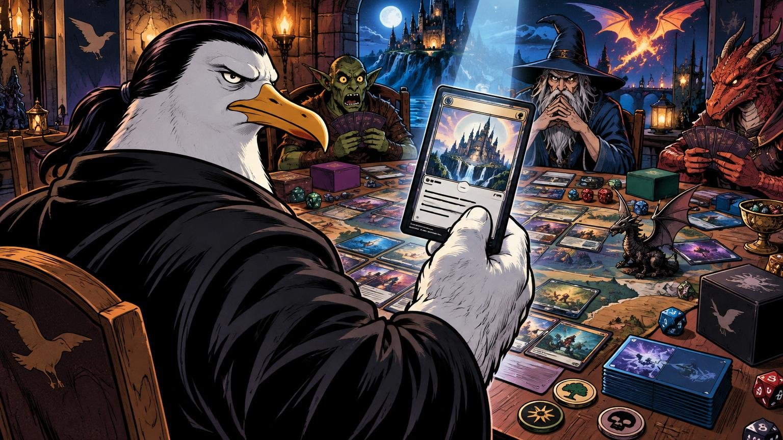 Comic-style scene of a stern white seagull in black clothing holding an oversized fantasy card over a crowded tabletop game with a goblin, wizard, dragon, dice, deck boxes, and many illustrated cards.