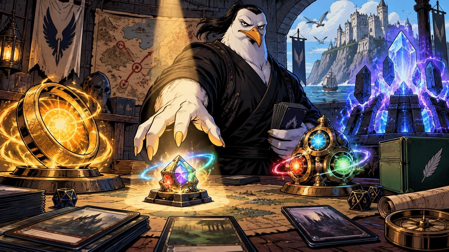Comic-book illustration of a stern anthropomorphic seagull in black action clothing reaching across a fantasy card-game table covered with glowing mana artifacts, cards, dice, maps, and deck boxes; a castle and magical crystal structure appear beyond an arched window.