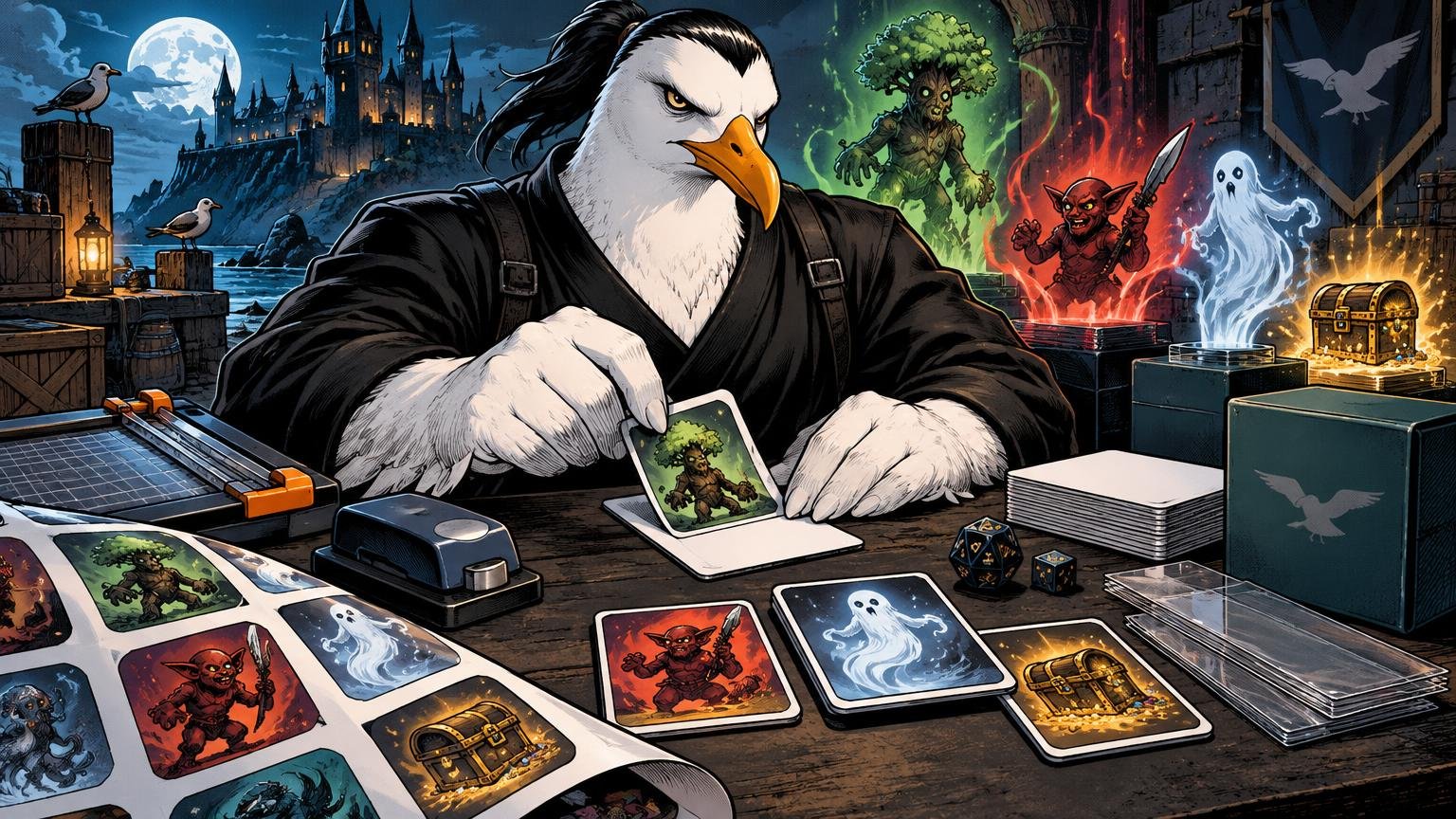Comic-book illustration of a stern anthropomorphic seagull in black clothing cutting a fantasy creature sticker and mounting it on a blank card at a worktable covered with printed token sheets, cards, sleeves, dice, deck boxes, and a paper cutter.