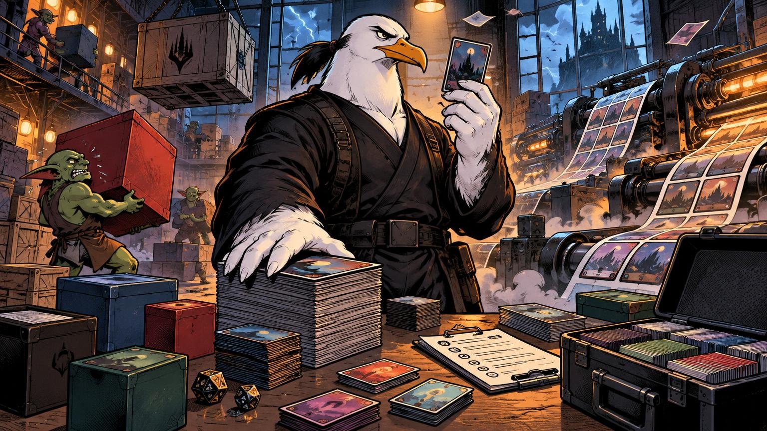 Comic-book-style illustration of a stern white anthropomorphic seagull in black tactical clothing inspecting a fantasy card in a busy printing warehouse, surrounded by stacks of cards, deck boxes, dice, a clipboard, goblin workers, and printing machines producing colorful card sheets.