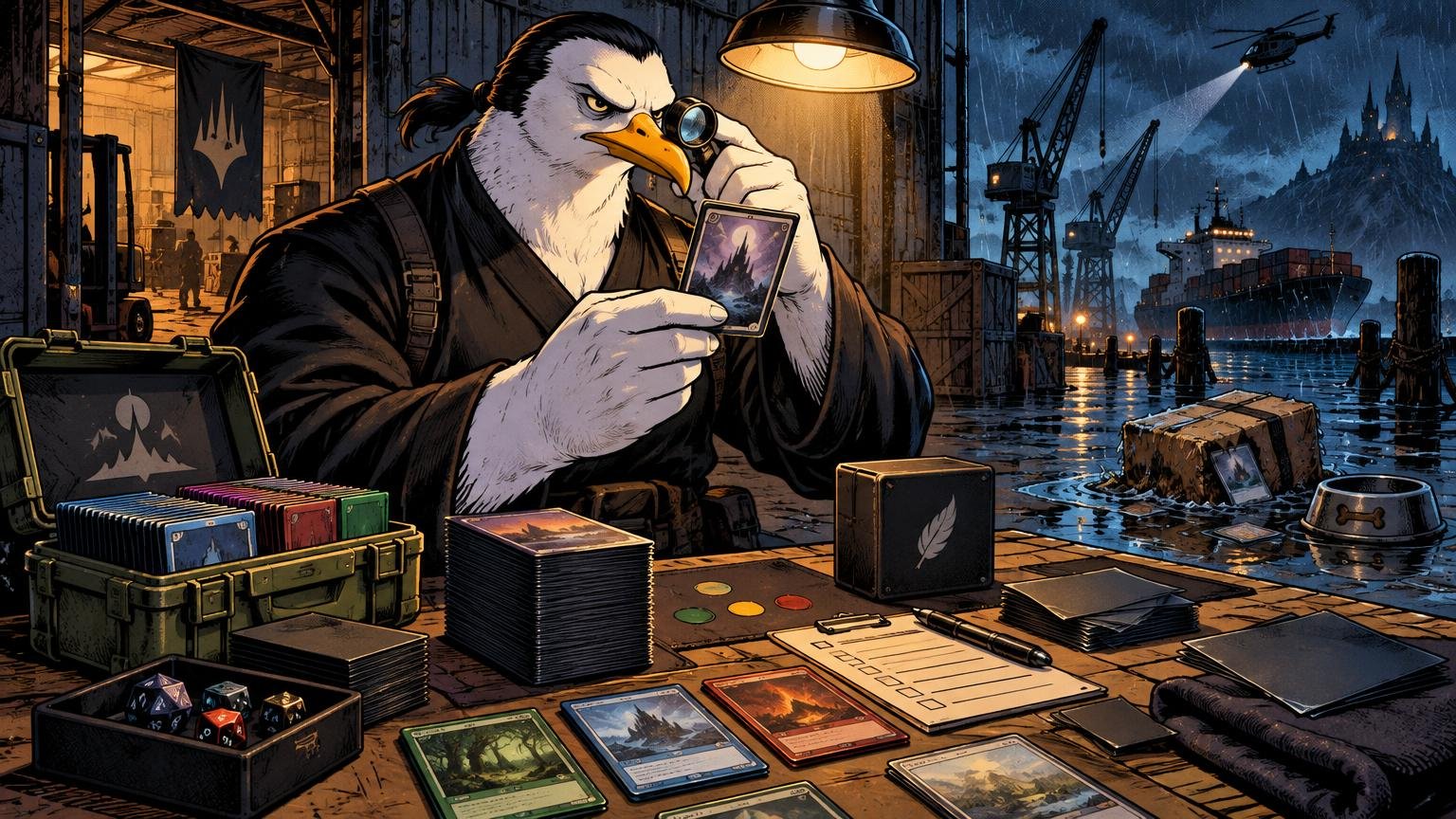 Comic-style illustration of a stern anthropomorphic seagull in black tactical clothing inspecting a fantasy trading card with a magnifying glass at a rainy dockside table covered in card stacks, dice, deck boxes, and a checklist.