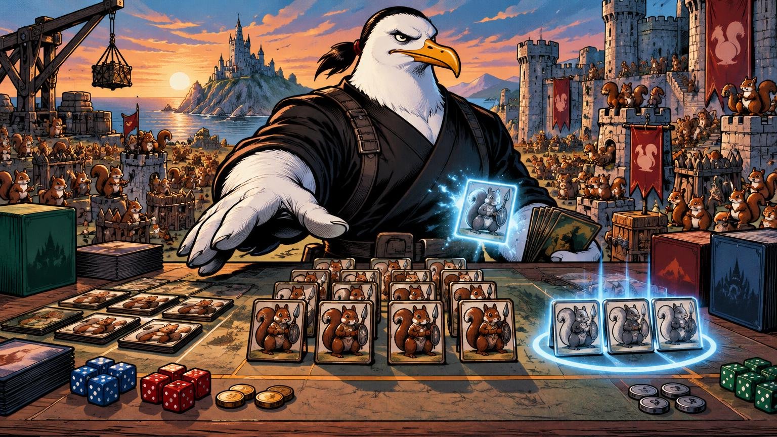 Comic-style illustration of a stern anthropomorphic seagull in black tactical clothing organizing rows of squirrel-themed fantasy cards and glowing token cards on a tabletop, with dice, deck boxes, coins, and a crowded castle battlefield behind him at sunset.