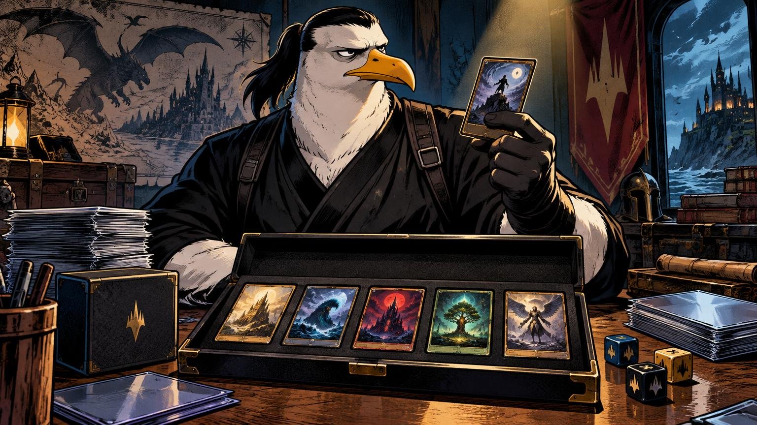 Comic-style illustration of a stern anthropomorphic seagull in black tactical clothing holding up a fantasy trading card over an open case of colorful cards, with card stacks, dice, deck boxes, and a castle-lit night window behind him.